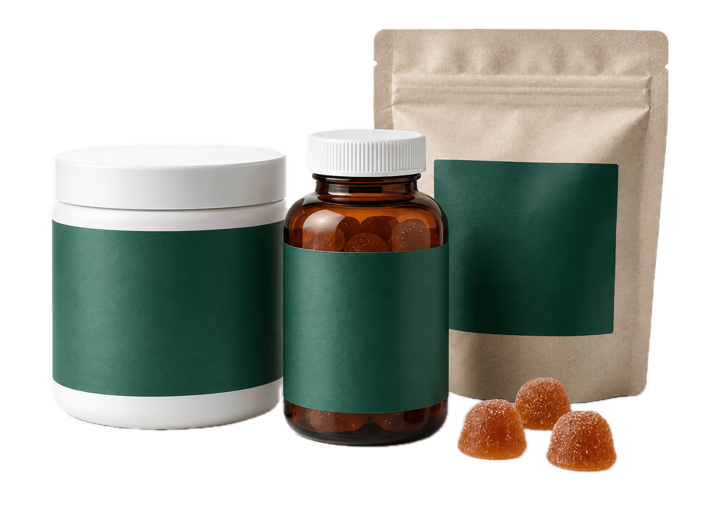 Supplement-Dosen und Beutel mit grünen Etiketten und Gummies