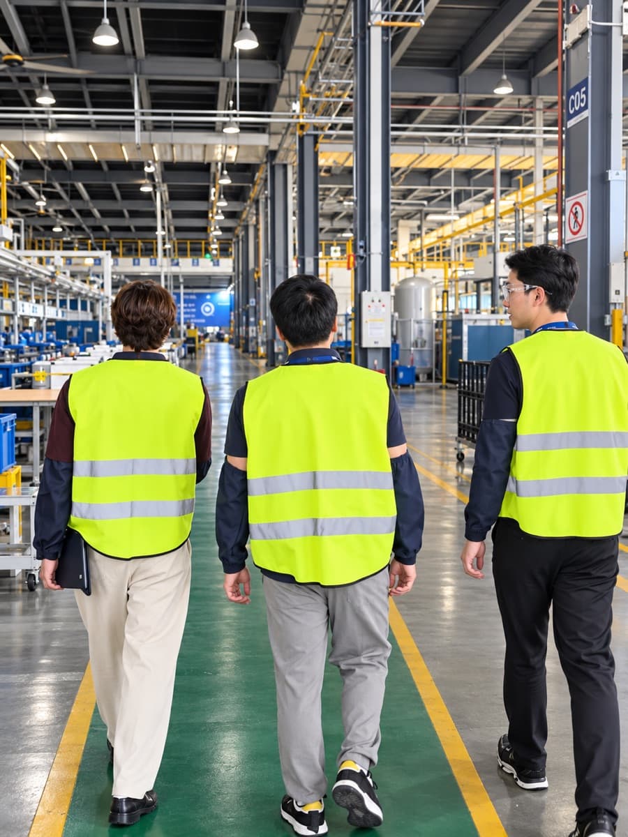 Rundgang in Warnwesten durch eine Fabrikhalle